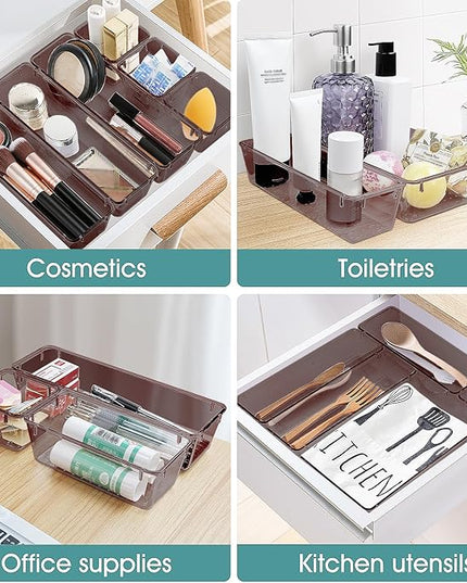 WOWBOX 25 PCS Plastic Drawer Organizer Set, 4 Sizes Desk Drawer Divider Organizers and Storage Bins for Makeup, Jewelry, Gadgets for Kitchen, Bedroom, Bathroom, Office, Clear Brown