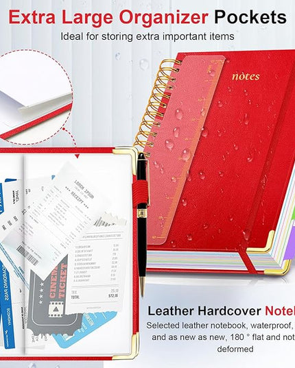 Hardcover Spiral Notebook 8"x10" Journal Notebook with Tabs and Removable Dividers 300 Pages 5 Subject Notebook College Ruled, Faux Leather Spiral Bound Notebook for Women, Students, School Work (Red)