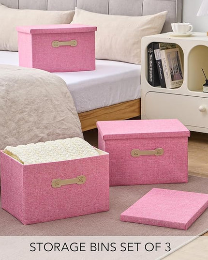 Enzk&Unity Decorative Storage Bins with Lids, Fabric Linen Foldable Storage Box with Handle Home Organizer for Shelf, Closet, Bedroom, Living Room, Office, 3 Packs, Pink
