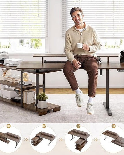 ONBRILL L Shaped Standing Desk with File Cabinet, 55x24'' Electric Stand Up Desk with Monitor and Storage Shelf, Adjustable Height 28-46'' for Home and Computer Workstation, Walnut
