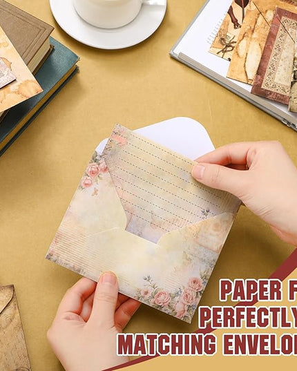 TaoBary 160 Pcs Stationery Paper Set 50 Double Sided Stationery Papers with 50 Matching Envelopes and 60 Round Dot Sticker, 10 Design(Lace Edged Scrapbook,5.5 x 8.25 Inch)