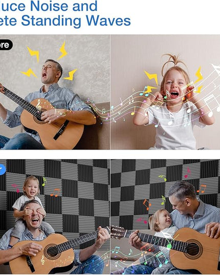 24 Pack Self-Adhesive Acoustic Panels - 2"X 12"X 12"Wall Panels - Quick-Recovery and High Density Sound Panels - Sound proof Acoustic Foam for Home Studio - Black and Gray