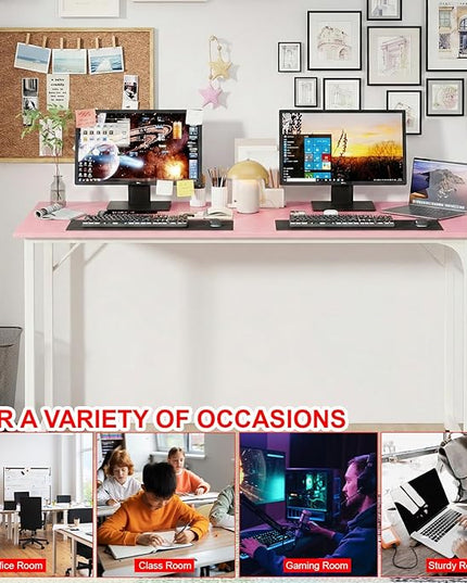 PayLessHere | 55 Inch Computer Desk | Pink | Office Desk with Metal Frame, Adjustable Feet | Water-Resistant, Scratchproof Surface | Sturdy Writing Table for Home Office or Study | Pack of 1