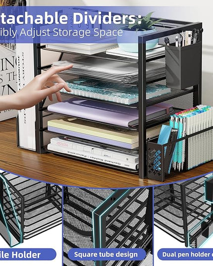 Simple Trending 6 Tier Desk File Organizer, Paper Letter Tray Organizer with File Holder and Pen Container, Black