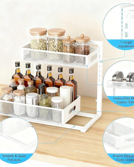 Under Sink Organizer, Adjustable Height 2 Tier Under Sink Organizers and Storage Multi-Purpose Under Sink Storage for Bathroom Kitchen