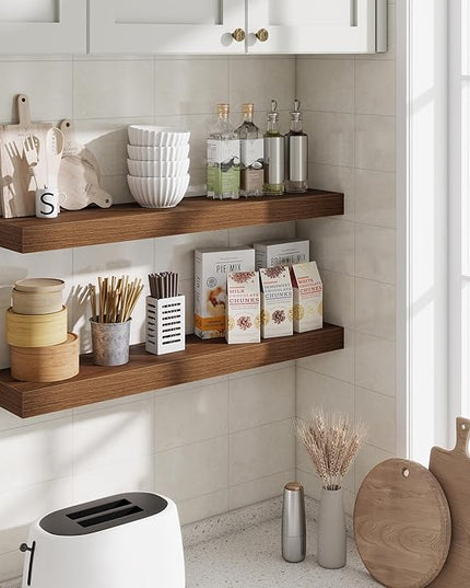Fun Memories Bathroom Shelves 32 Inch Long Set of 2, Floating Shelves for Wall with Invisible Brackets, for Bedroom, Living Room, Kitchen, Walnut