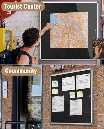 Mifuro 38"x38" Enclosed Bulletin Board, Lockable Weather-Resistant Aluminum Cork Noticeboard for School & Office, Silver Frame w/Black Flet