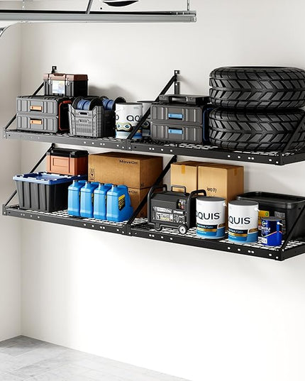 FLEXIMOUNTS 4-Pack 2x4ft Garage Wall Shelving - Heavy Duty Garage Storage System, 1320lbs Load Capacity with Brace Guardrail, Organization for Tools, Bins, Sports Equipment, Utility Room, Pro Series