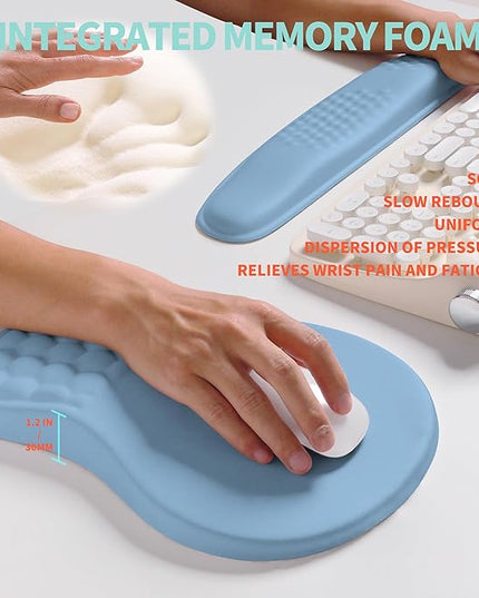 2-in-1 Ergonomic Set, Wave Rise Keyboard Wrist Rest and Massage Bulge Slope Mouse Pad Wrist Support, Cushion Memory Foam Integrated to Relieve Wrist Pain, Lake Blue