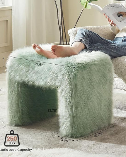 Vanity Stool Chair Small Footstool Ottoman Faux Fur Seating Backless Modern Foot Rest Ottoman Furry for Makeup Room Living Room Bedroom Entryway,Green (Single 1)