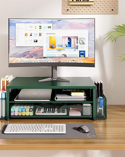 OPNICE Desk Organizers and Accessories, 2-Tier Computer Monitor Stand Riser with Drawer and 2 Pen Holders, Laptop Stand, Office Desk Accessories for Office Supplies, Dark Green