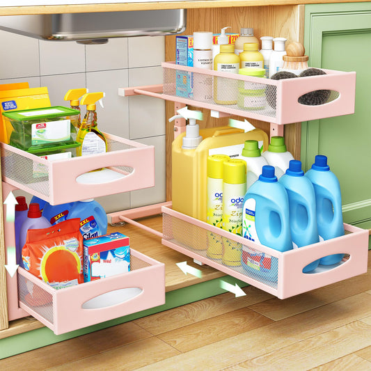 2 Pack Under Sink Organizer, 2 Tier Pull out Cabinet Organizer Mesh Baskets with 5 Adjustable Heights, Sliding Drawers Storage Shelf for Home, Kitchen, Bathroom, Pantry, Office, Countertop ,Pink