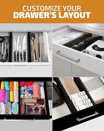 4 Pack Drawer Divider - Bamboo 2.6" High, 12.5-17" Adjustable Drawer Organizers for Clothes, Expandable Dresser Separators in Bedroom, Bathroom, Kitchen, Office Organization and Storage (Black)
