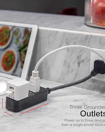 GE 3-Outlet Power Strip Mini Extension Cord with Multiple Outlets 5 Inch Braided Short Cord Extension Cord Grounded Flat Plug UL Listed Black 45191