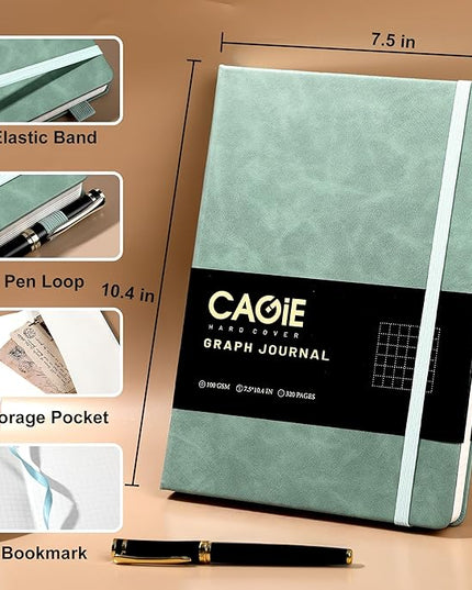 CAGIE Graph Notebook 320 Pages 100 GSM Paper Graphing Grid Journal B5 Hardcover Leather Quad Ruled Notebooks for Engineering, Math, Work, Green