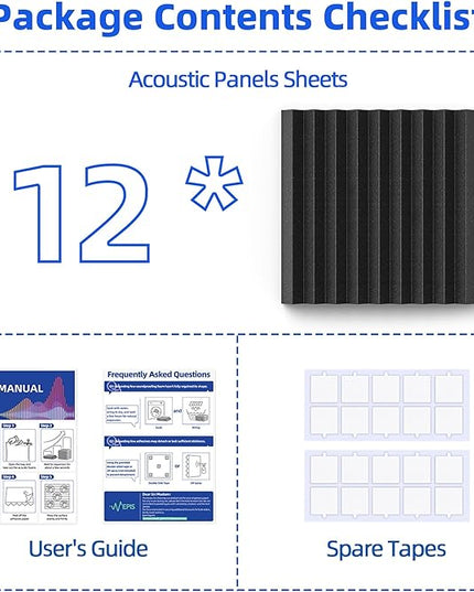 12 Pack Sound Proof Foam Panels for Wall with Self Adhesive, 2" X 12" X 12" High Density Acoustic Panels Sound Absorbing Quick-Recovery, Wedges Soundproof Wall Panels for Gaming & Studio Decor - Black