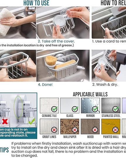 TAILI Sponge Holder for Kitchen Sink with Strong Suction Cup Removable, Rustproof Aluminum Sink Caddy for Sponge, Brush, Scrubber, Scraper -Silver