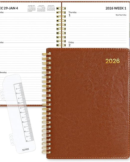 SUNEE 2026 Weekly & Monthly Planner 6.4"x8.5"- 12 Month (January 2026 - December 2026), Vegan Leather Cover, Pocket, Bookmark, Notes, Monthly Tab, Brown