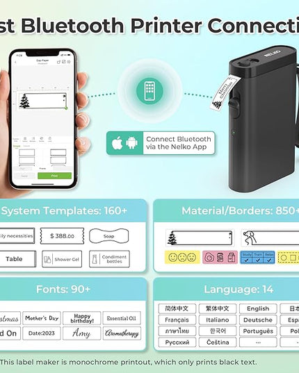 Nelko Label Maker Machine with Tape, P21 Bluetooth Label Printer, Wireless Mini Label Makers with Multiple Templates for School Office Home, Black
