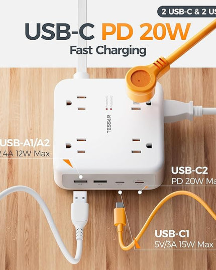 TESSAN 10 Ft Surge Protector Power Strip, 4 USB(2 USB C) 8 Outlets, Flat Plug Extension Cord with Multiple Outlets, 2100J Protection, 20W Desk Charging Station for Home, Office, Dorm Room Essentials