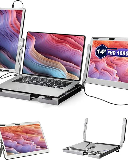 JoyReal F2 Laptop Screen Extender, 14'' 1080P Triple Portable Monitor for Laptop, 360 Rotating Monitor Desk Workstation with Multiple Laptops Stand for mac Windows Surface PS Switch