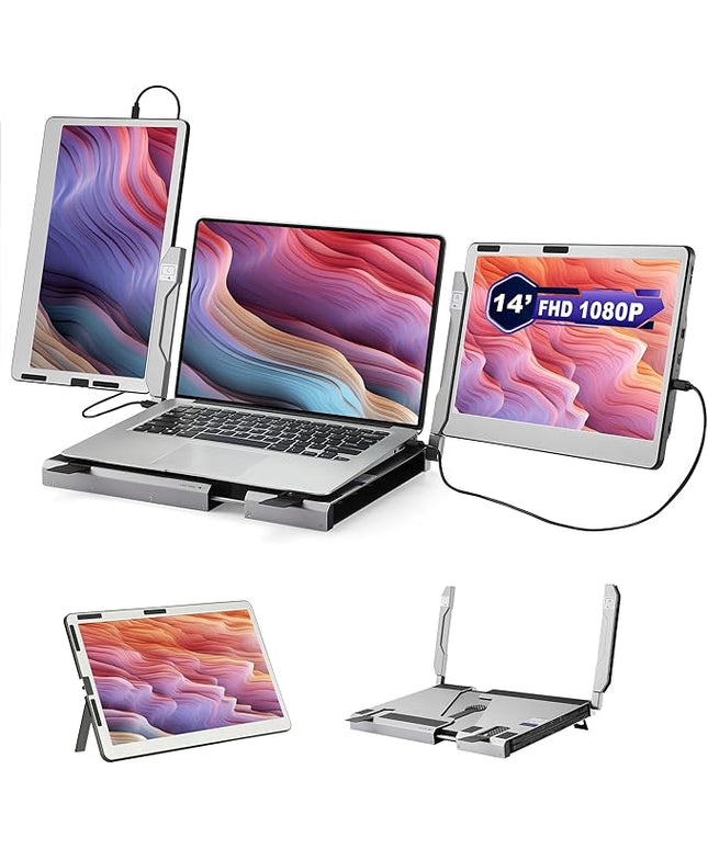 JoyReal F2 Laptop Screen Extender, 14'' 1080P Triple Portable Monitor for Laptop, 360 Rotating Monitor Desk Workstation with Multiple Laptops Stand for mac Windows Surface PS Switch