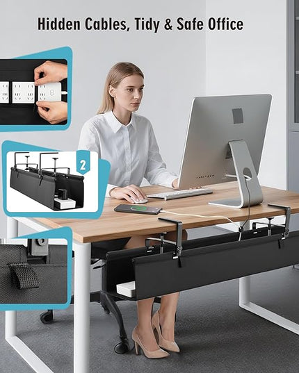 Desk Cable Management Tray, Fabric Cable Organizer, No Drill Large Clamp/Screw Mount Wire Organizer-Support Up to 30lbs, Standing Desk Cable Management for Office Home (Black,36 Inch)