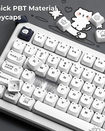 XVX Cute Cat Keycaps, Mao Profile White PBT Keycaps, 143 Keys Meow Meow Keyboard Keycap Sets Compatible with 65% 75% 96% 100% Cherry Gateron MX Switches Mechanical Gaming Keyboard