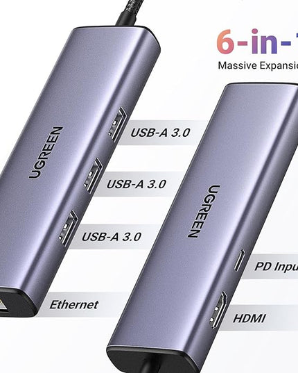 UGREEN Revodok 6 in 1 USB C Hub Gigabit Ethernet Adapter with 4K HDMI, 100W PD Charging, USB A Data Ports Compatible with Mac M1, M2, M3, iPad, iPhone 16 Pro/Pro Max, Steam Deck