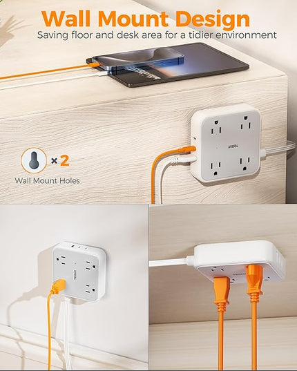 TESSAN Outlet Cover with Extra Outlet on Plug, Surge Protector Power Strip with 3 USB (2 USB C), 5 Ft Flat Extension Cord, 900 Joules Protection, Flat Plug Power Strip for Home Office Essentials