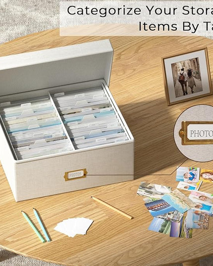 Decorative Photo Storage Box - Linen Photo Box Organizer with Dividers, Fits Holds Up to 1700 Pictures and 4x6 Photos, Memory Keepsake Organizer for Photos, Scrapbook Supplies, Cards, Stamps (Beige)