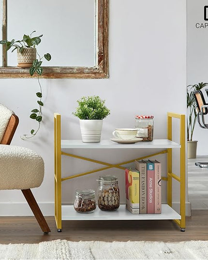 CAPHAUS 2 Tier Small Bookshelf, 24 Inch Width Free Standing Shelf, Bookcase Shelf Storage Organizer, Industrial Book Shelves for Home Office, Living Room, White Wooden Shelves & Gold Frame