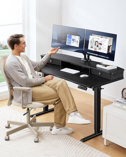 HUANUO 60″ x 30″ Electric Standing Desk with 2 Drawers, C-Clamp Mount Compatible, Height Adjustable Computer Desk, Home Office Stand Up Desk with 4 Preset Heights & 2 Hooks, Black