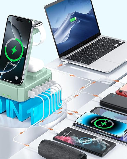 300W Charging Station for Multiple Devices Apple, Zutspzss 10 in 1 Wireless Charger for iPhone 16, GaN III USB C 65W PD Fast Charging Stand Dock for MacBook, Apple Watch&Airpods,Green