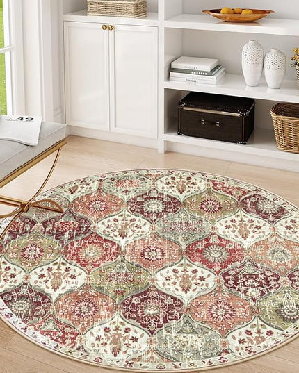 Lahome Moroccan Trellis Washable Round Area Rug, Soft Round Rugs 6ft Ultra-Thin Non-Slip, Vintage Large Circle Carpet for Bedroom Living Room Kitchen Nursery, Orange/Terracotta