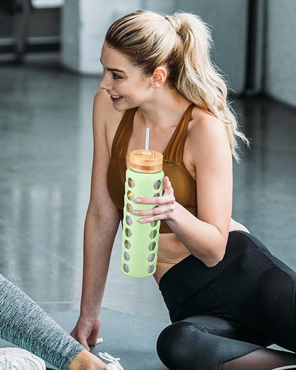 MUKOKO Glass Water Bottles,32oz Glass Tumbler with Straw,Drinking Bottles with 2 Lids-Handle Spout Lid&Bamboo Straw Lid,Motivational Water Bottle with Time Marker and Silicone Sleeve,1 Pack-Mustard