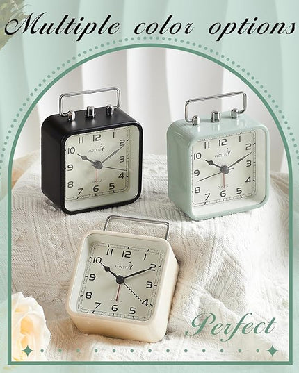 FLOITTUY Square Metal Beep Alarm Clock Silent No Ticking, Snooze and Battery Operated, Night Light and Desk Clock for Bedroom/Travel/Kids, Easy Set(Green)