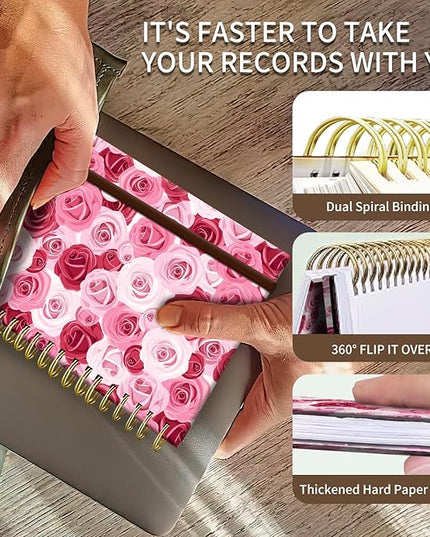 Spiral Journal Notebook, A5 Cute Notebooks for Women Men, College Ruled Hardcover Notebook for Work & Note Taking, 60 Pages Double-Wire Journals for Writing, Cute Pink Rose