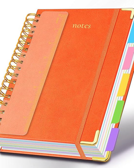 Hardcover Spiral Notebook 6.2"x 8.2" Journal Notebook with Tabs and Removable Dividers 300 Pages 5 Subject Notebook College Ruled, Faux Leather Spiral Bound Notebook for Women School Work(Orange)