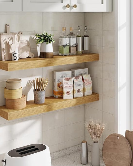 Fun Memories Floating Shelves 30 Inch, Wall Mounted Wood Shelf Set of 2, Farmhouse Decor for Bathroom, Bedroom, Kitchen, Living Room, Oak