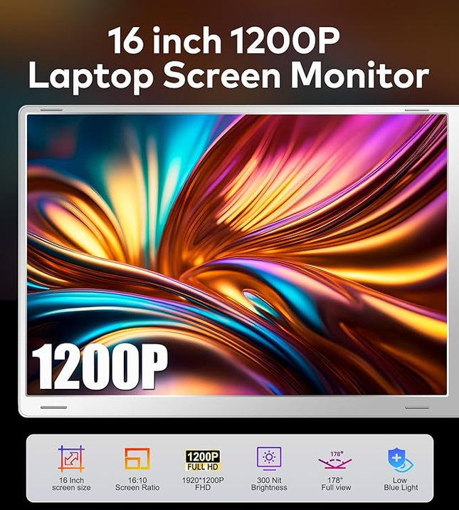 Ladomi 16" Laptop Screen Extender, Just 1 Cable for 3 Screens Quad Monitor, 1200P FHD Screen Extender for 12"-18.5" Laptops, Triple Portable Monitor for Wins/Mac M1|M2|M3|M4|M5