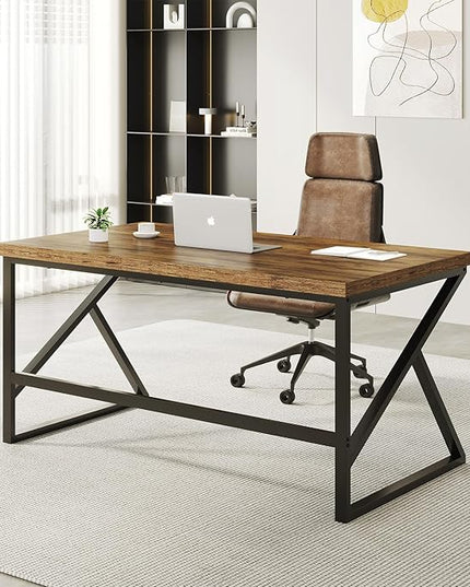 HSH Rustic Brown Desk, Industrial Home Office Computer Desk, Farmhouse Metal and Wood Computer Table, Simple Bedroom Laptop PC Desk for Student Writing Study Gaming Executive Workstation, 55 in
