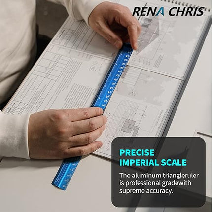 Rena Chris 2PCS Architectural Scale Ruler: 12" Imperial Aluminum Triangular Scale Ruler, Laser-Etched Architecture Ruler, Drafting & Architect Ruler for Architects, Students, Draftsman(Blue)