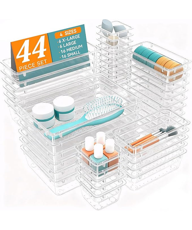 WOWBOX 44 PCS Clear Plastic Drawer Organizer Set, 5 Varied Size storage Bins and Desk Drawer Organizer Trays for Makeup, Gadgets, Jewelry and Utensils in Bathroom, Bedroom and Office, Clear