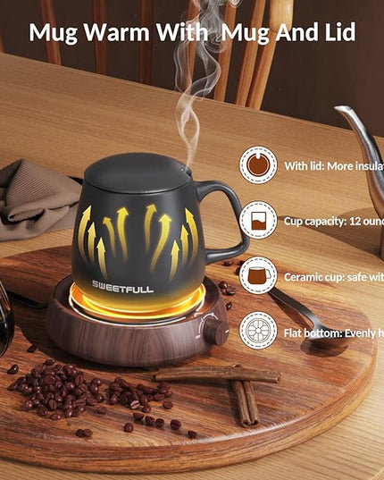 SWEETFULL Mug Warmer for Coffee and Tea Coffee Mug Warmer Set W/Mug and Lid Coffee Warmer As Coffee Gifts for Desk Office Coffee Lovers. （20W Cup Warmer Candle Warmer Auto Shut Off） (Wood Grain)