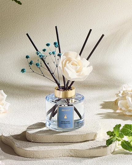Airkeep Flower Reed Diffusers Set, 5.07 oz Wild Mint&Eucalyptus Scented Oil Diffuser with 8 Reed Sticks, Home Fragrance Diffuser Gift Set for Bathroom & Office Decor 150ml