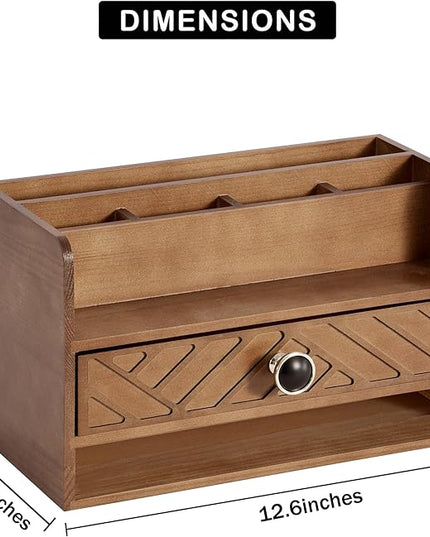 Brown Wood Desk Organizer and Accessories with Drawer, Bill Mail Organizer and File Mail Holder for Office Supplies, Desk Accessories & Workspace Organizers