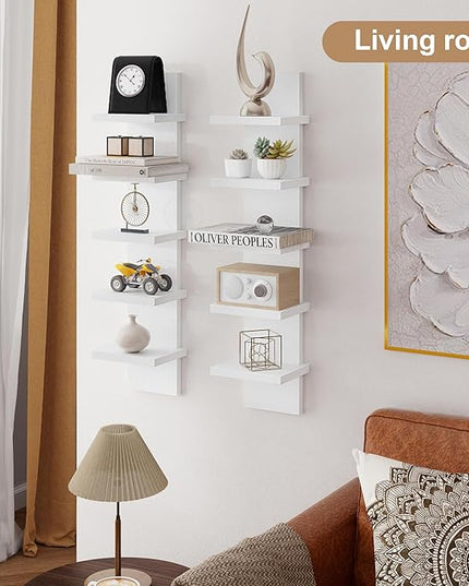 5 Tier Wall Shelf Unit, Decorative Wall Mount Vertical Shelving, Floating Storage Home Decor Organizer Tall Tower Design Utility Shelving Bedroom Living Room, Modern White 2Pack