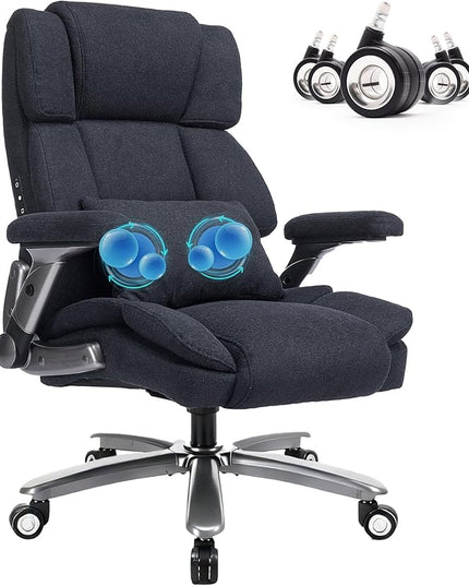750lbs Heavy Duty Desk Chair with 3D Kneading Massage, Big and Tall Office Chairs with Ergonomic Support, 4D Armrests, 5 Quiet Dual Rubber Wheel, Thick Spring Cushion(Black-Fabric)