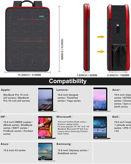 ZINZ Slim & Expandable Laptop Backpack 15 15.6 16 Inch Sleeve, Spill-Resistant Notebooks Bag Case for Most 14-16 Inch MacBooks Surface-Books Dell HP Lenovo Asus Computers,B01RD01